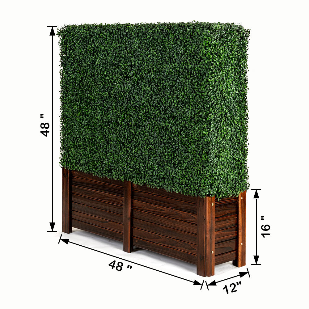 Dimensions of Artigwall's artificial boxwood hedge in wood planter