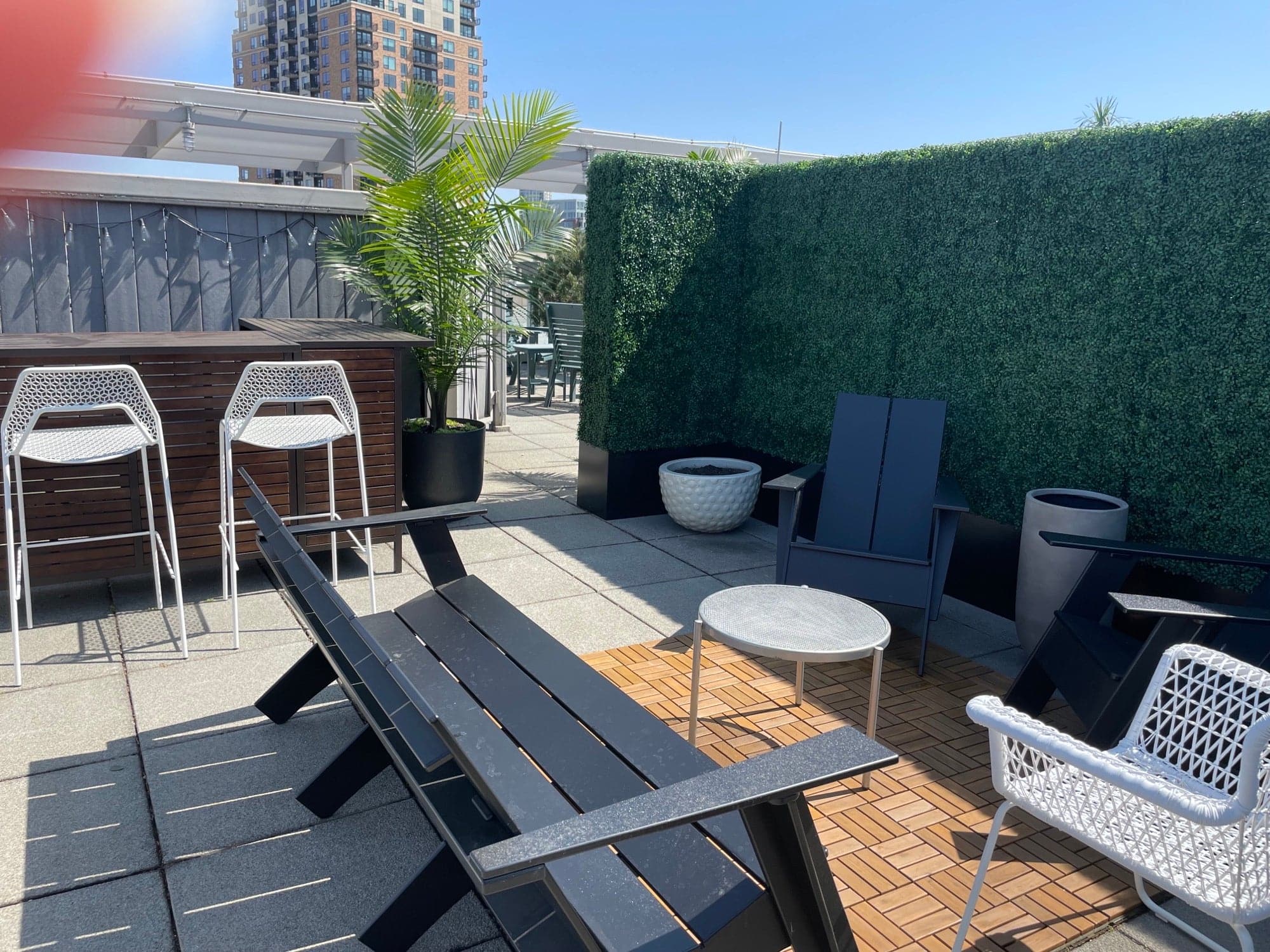 artificial box hedge in planter for outdoor patio privacy