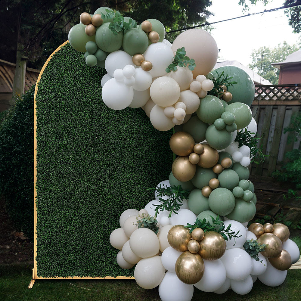 simple backyard wedding ideas ceremony arch boxwood backdrop