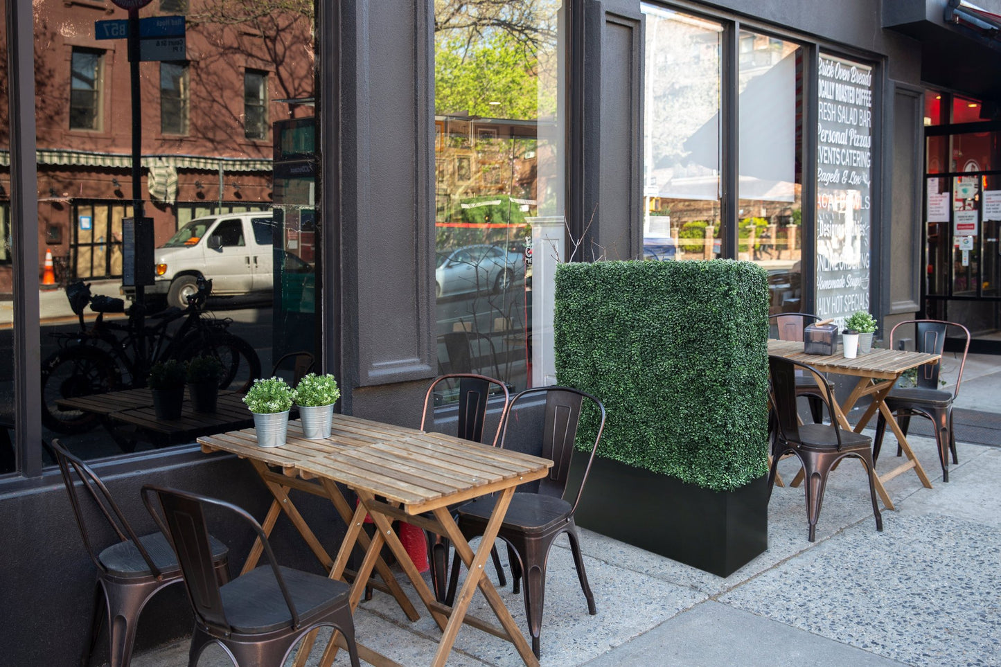 Artigwall® 60 inch Large Boxwood Hedge Wall Generation 4 outside of restaurant