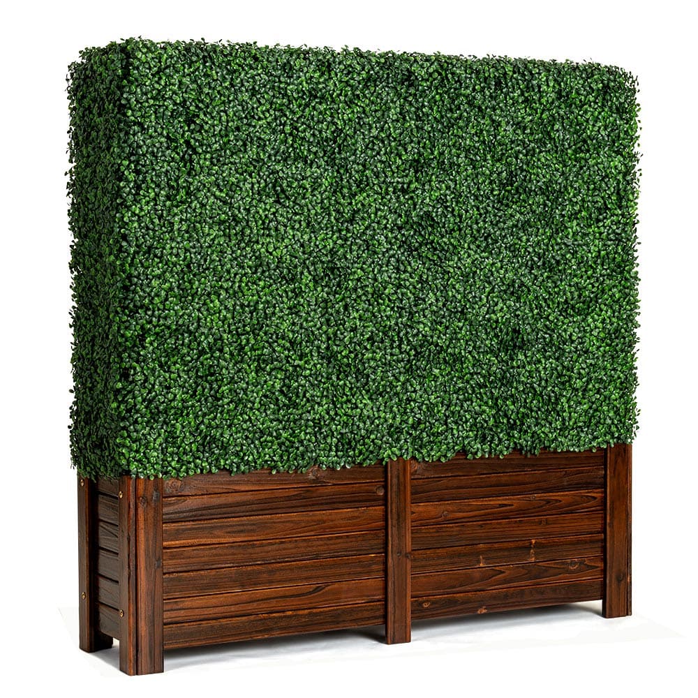 Diagonal view of Artigwall's artificial boxwood hedge in wood planter