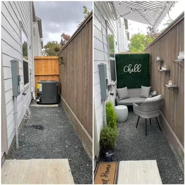 Artigwall Artificial Hedge Wall Outdoor Ultra before and after installation on patio