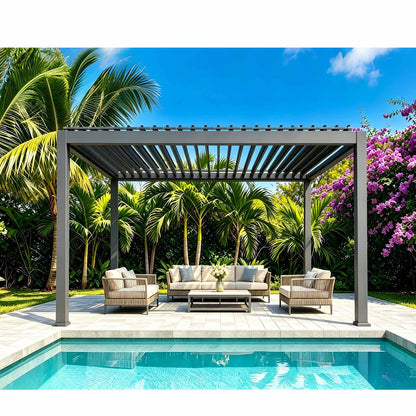10X12 ft Aluminum Pergola with Adjustable Louvered Roof, Heavy Duty Metal Shade Structure, Optional Ground Anchors