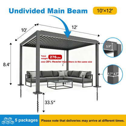10X12 ft Aluminum Pergola with Adjustable Louvered Roof, Heavy Duty Metal Shade Structure, Optional Ground Anchors