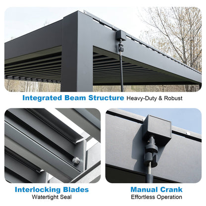 10X12 ft Aluminum Pergola with Adjustable Louvered Roof, Heavy Duty Metal Shade Structure, Optional Ground Anchors
