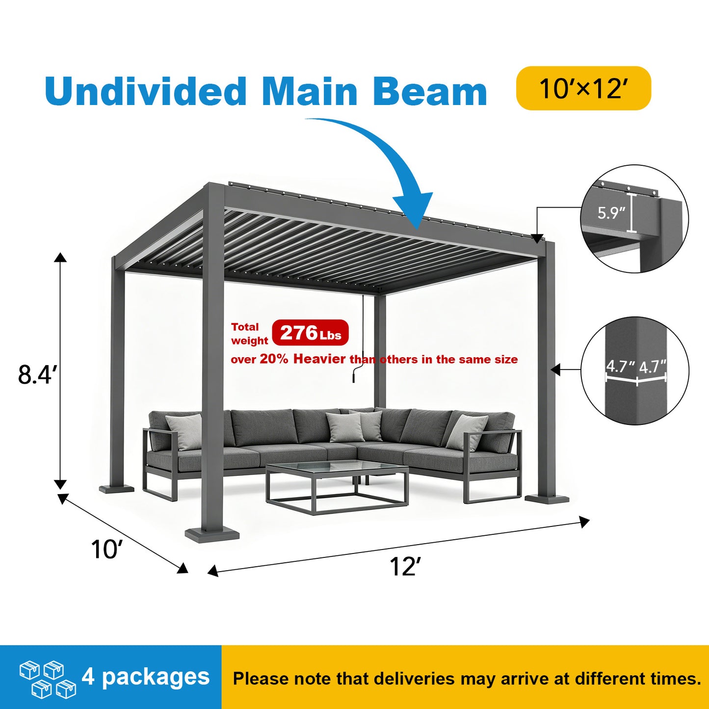 10X12 ft Aluminum Pergola with Adjustable Louvered Roof, Heavy Duty Metal Shade Structure, Optional Ground Anchors
