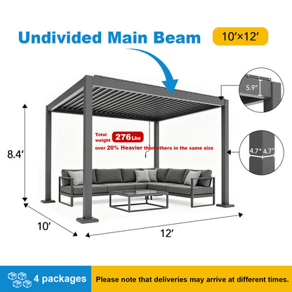 10X12 ft Aluminum Pergola with Adjustable Louvered Roof, Heavy Duty Metal Shade Structure, Optional Ground Anchors