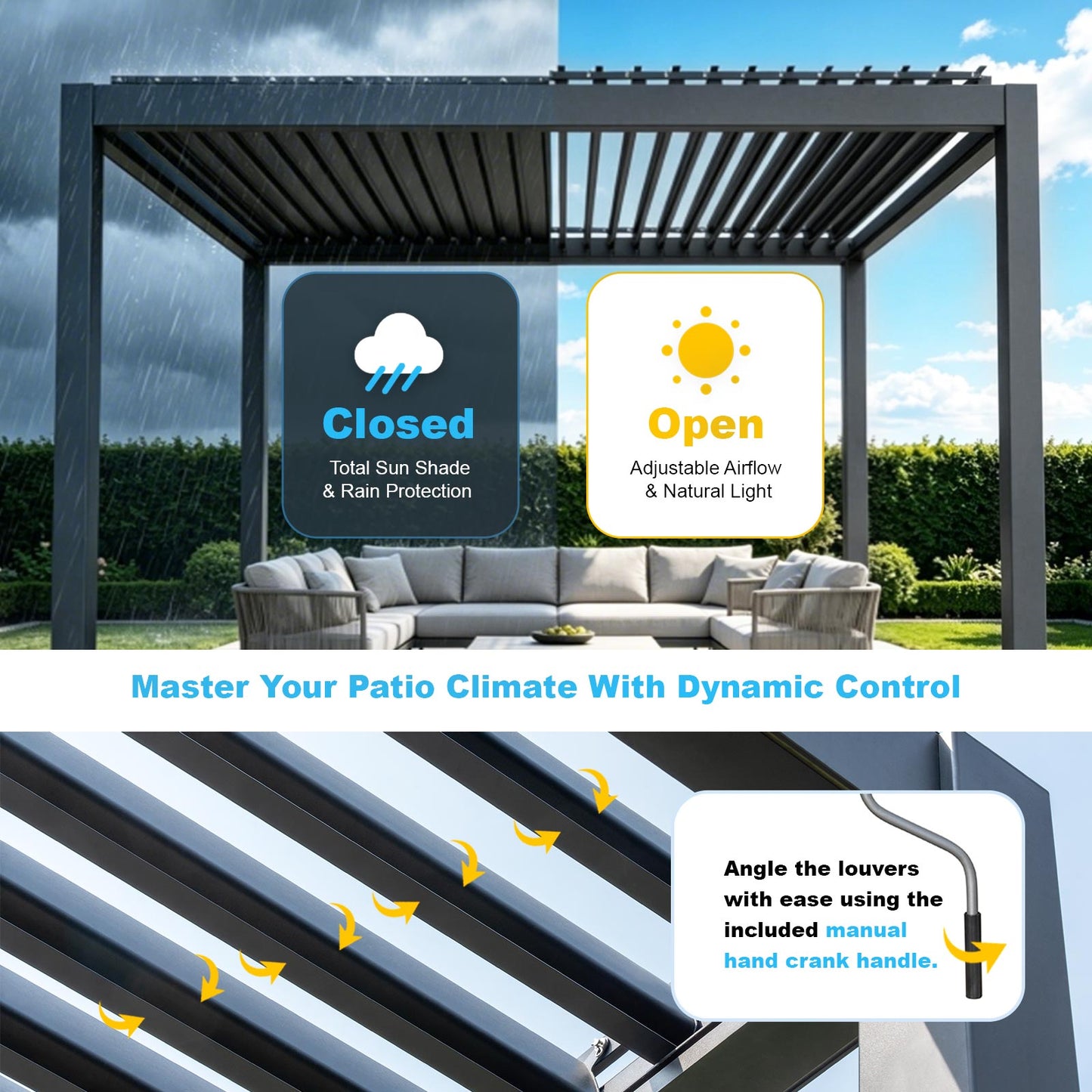 10X12 ft Aluminum Pergola with Adjustable Louvered Roof, Heavy Duty Metal Shade Structure, Optional Ground Anchors