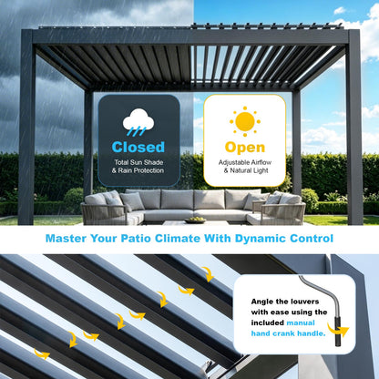 10X12 ft Aluminum Pergola with Adjustable Louvered Roof, Heavy Duty Metal Shade Structure, Optional Ground Anchors