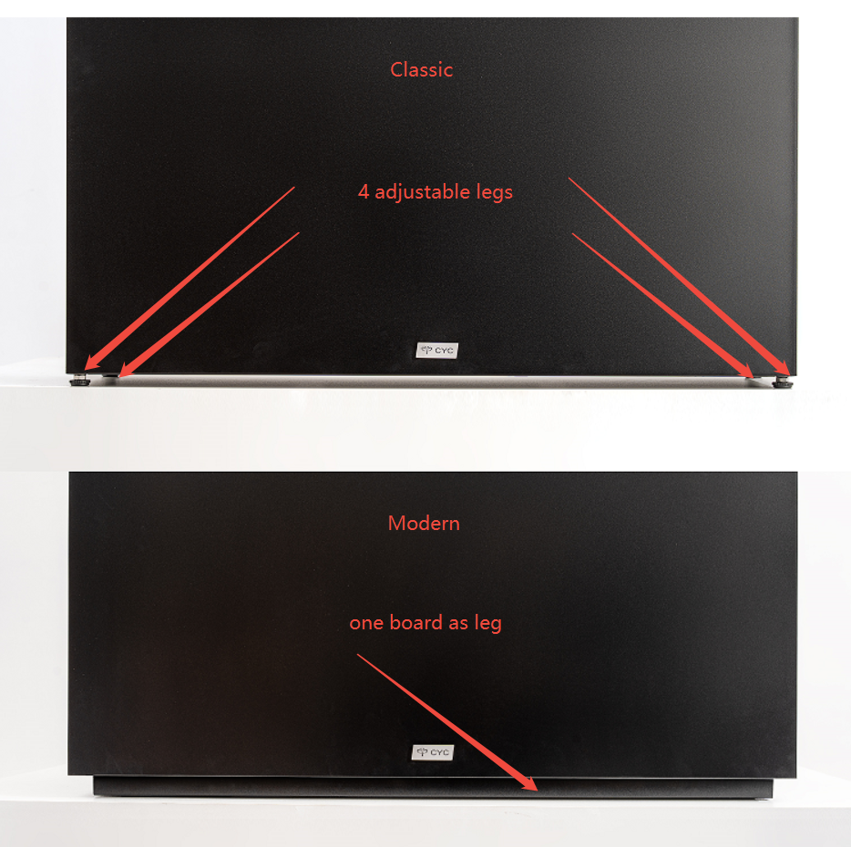 Image comparing classic legs and modern legs of Artigwall's black metal planter box