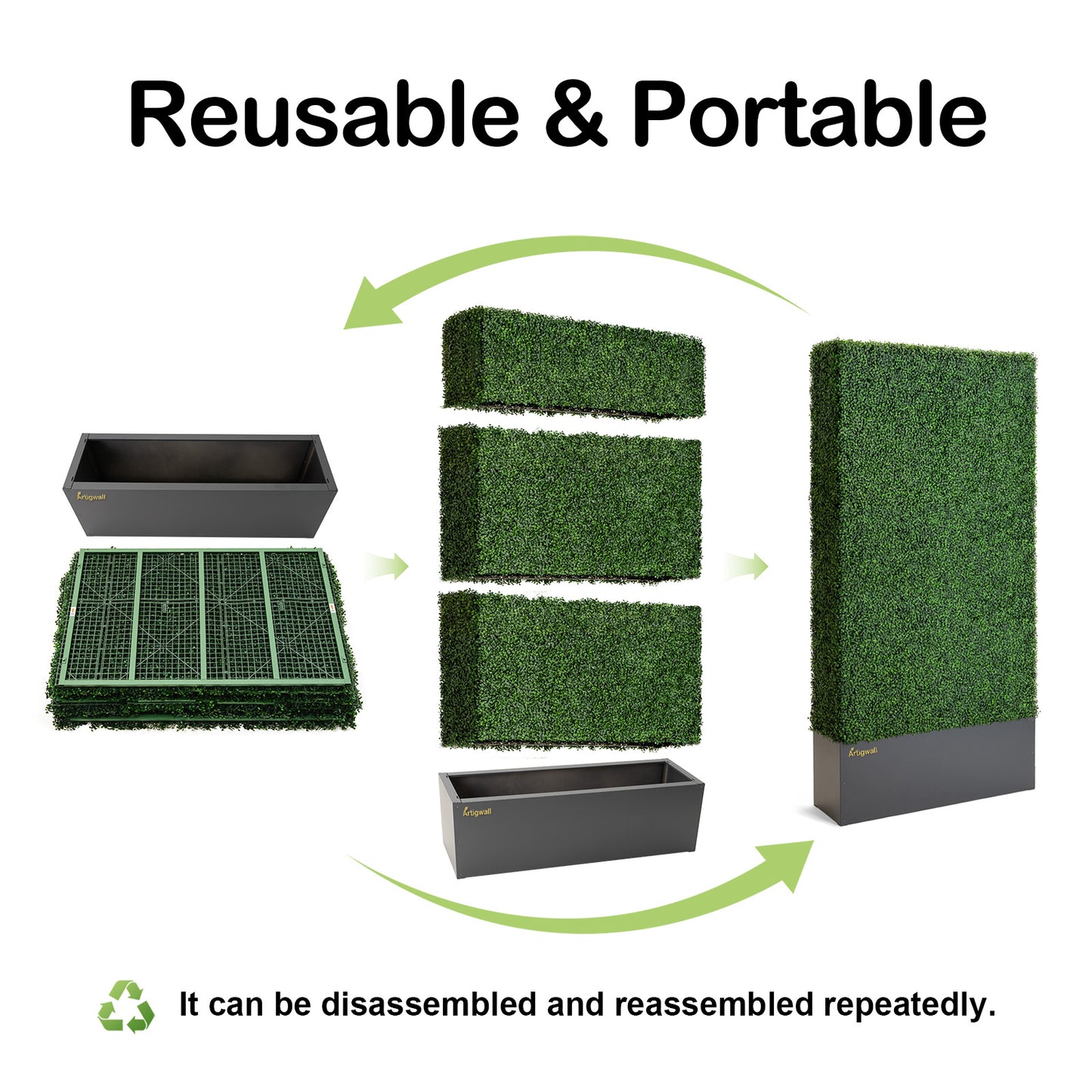 48x96_inch_Artigwall_artificial_hedge_in_dark-grey_planter_disassembly_and_assembly_diagram
