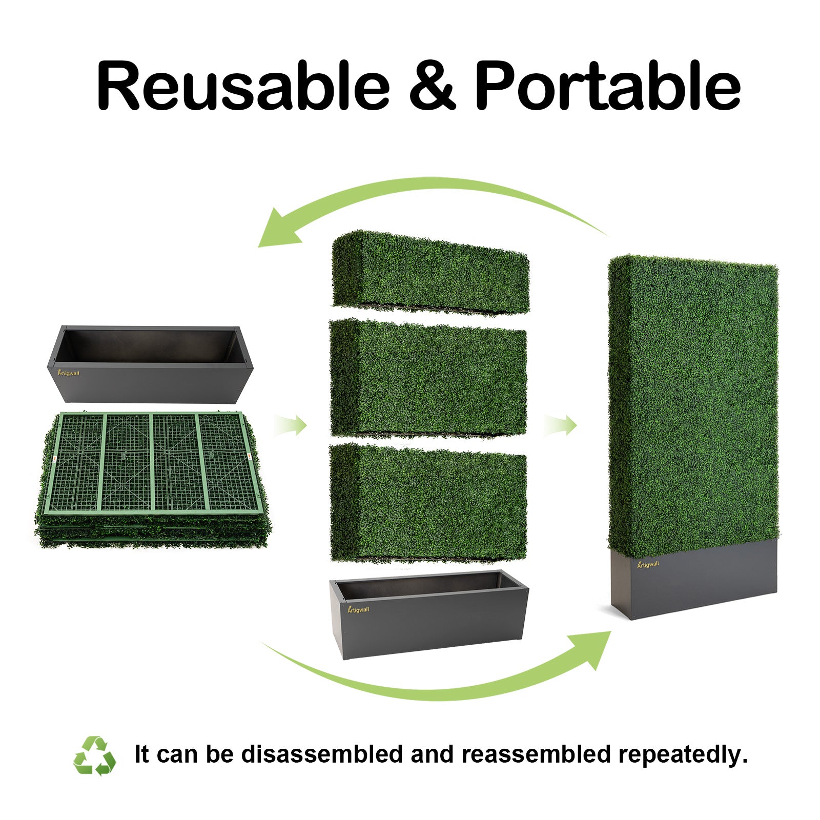 48x96_inch_Artigwall_artificial_hedge_in_dark-grey_planter_disassembly_and_assembly_diagram