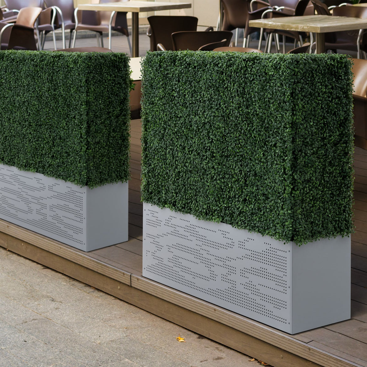 artificial boxwood hedge with planter box outdoor