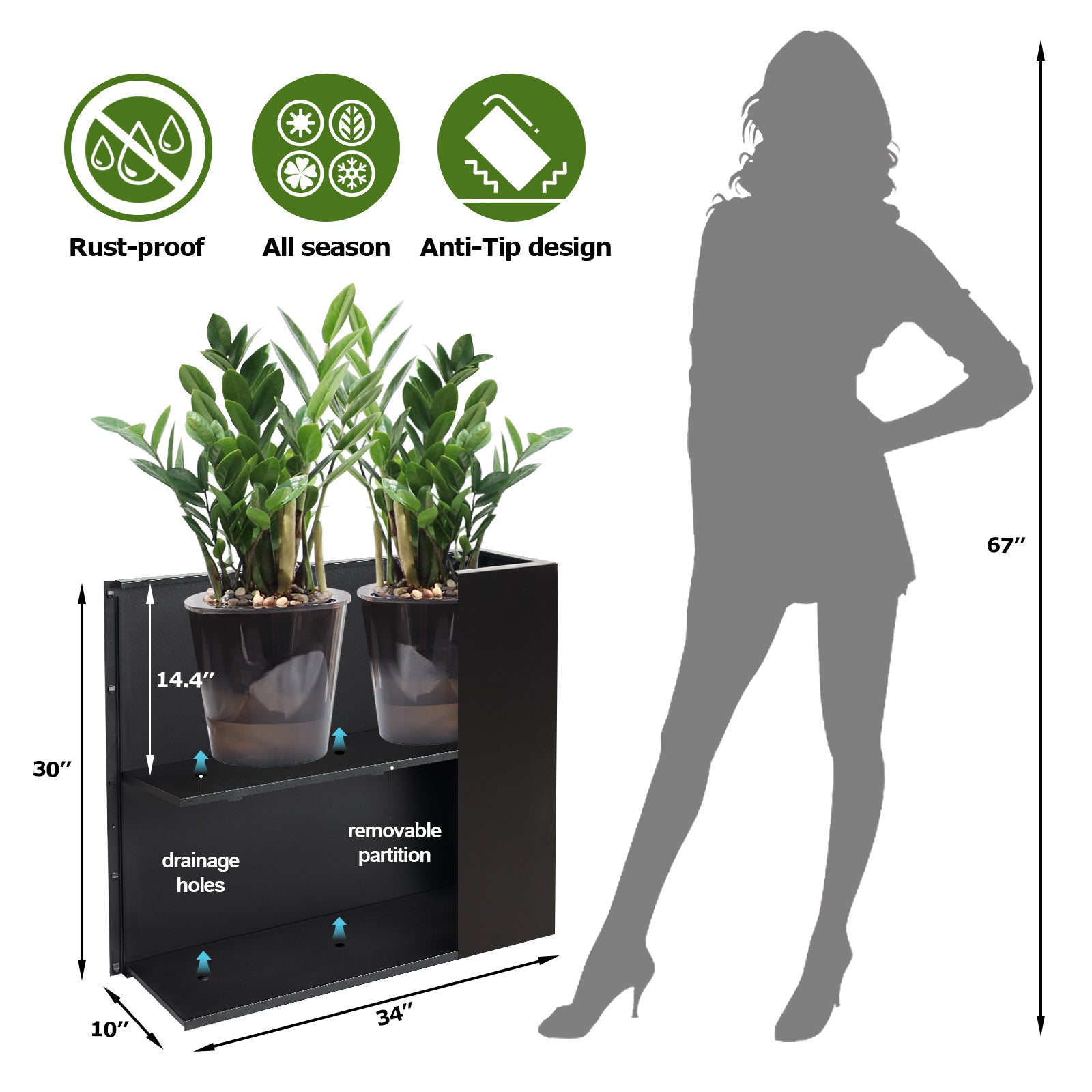 Dimensions and features of the black metal planter box by Artigwall