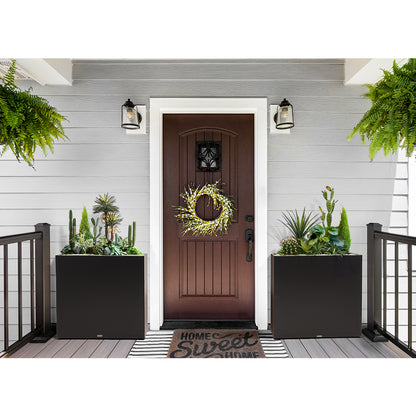 Large rectangular black metal planter box by Artigwall on front porch