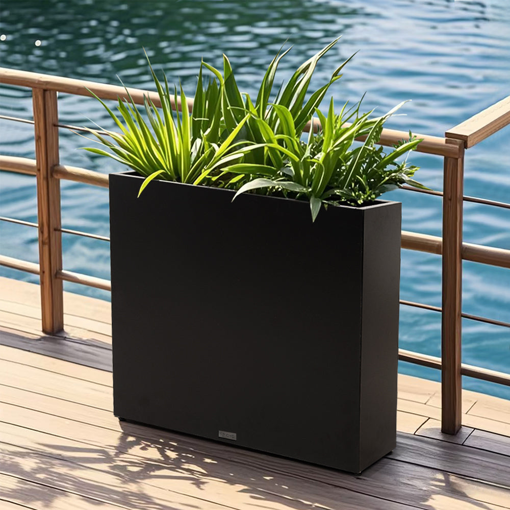 Large rectangular black metal planter box by Artigwall on deck