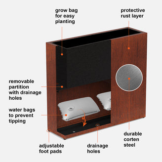 Features diagram of the Tall Corten Steel Planter Box by Artigwall