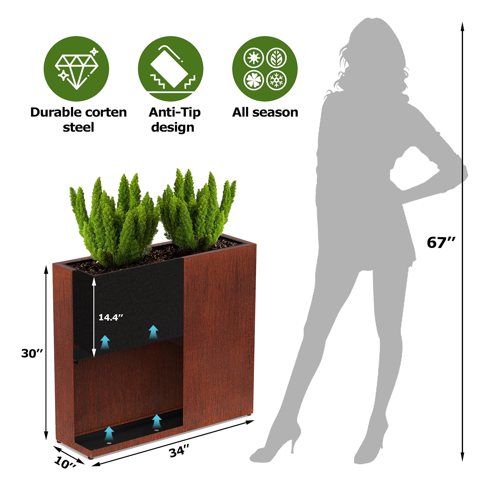 CYC Corten Steel Large Planter Box- Tall Rectangular Metal Planter Trough Outdoor, Naturally Rusted Steel for All-Weather