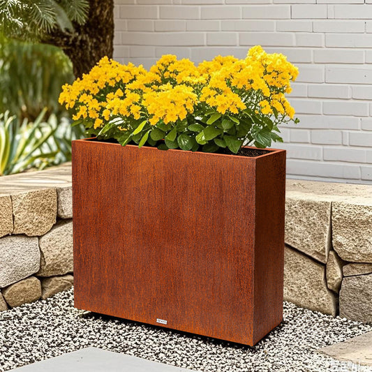 Tall Corten Steel Planter Box with yellow flowers by Artigwall