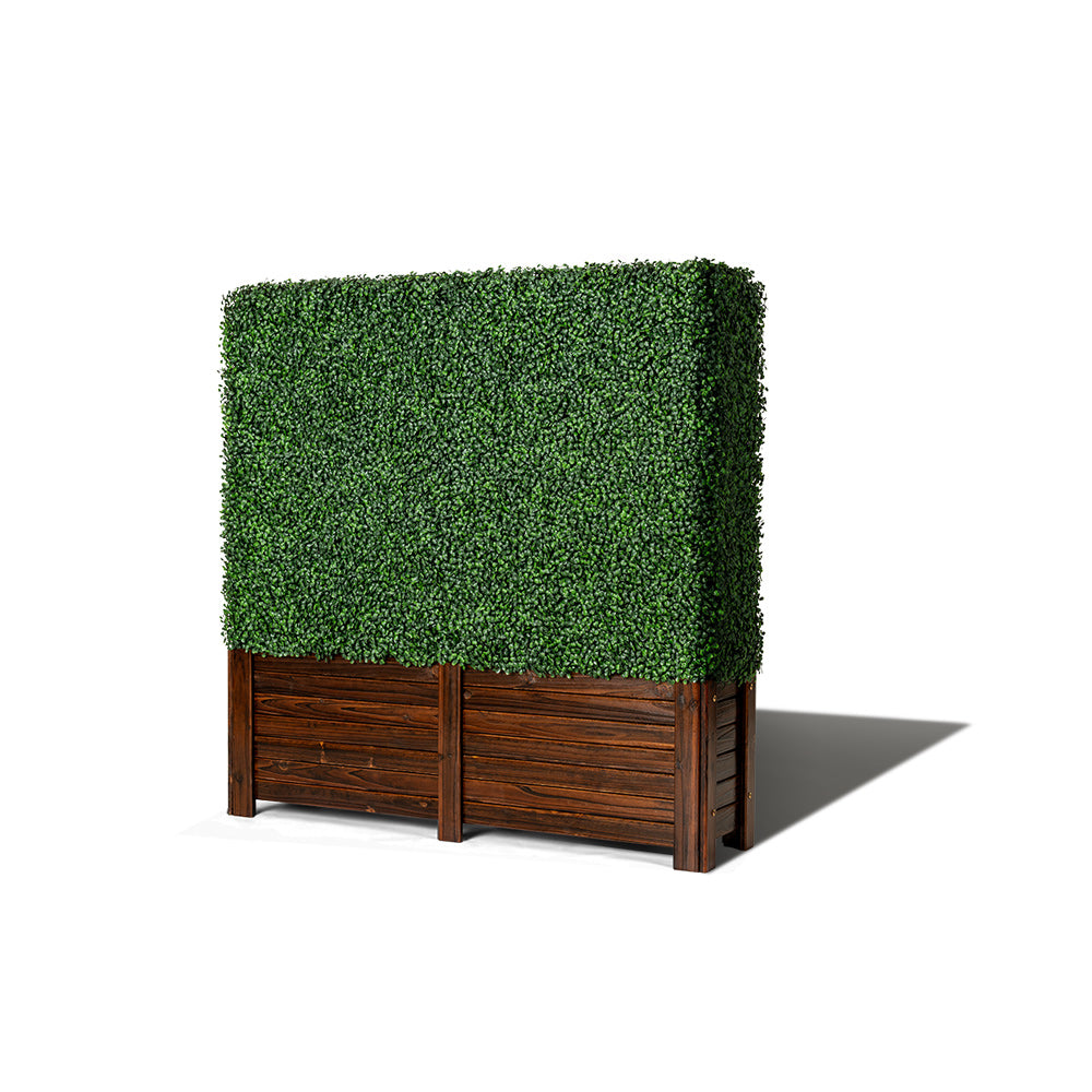 Sideview of Artigwall's artificial boxwood hedge in wood planter