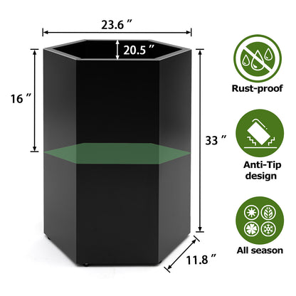 Tall Black Metal Hexagon Planter Box Outdoor, 33" H x 23.6" W x 20.5" D