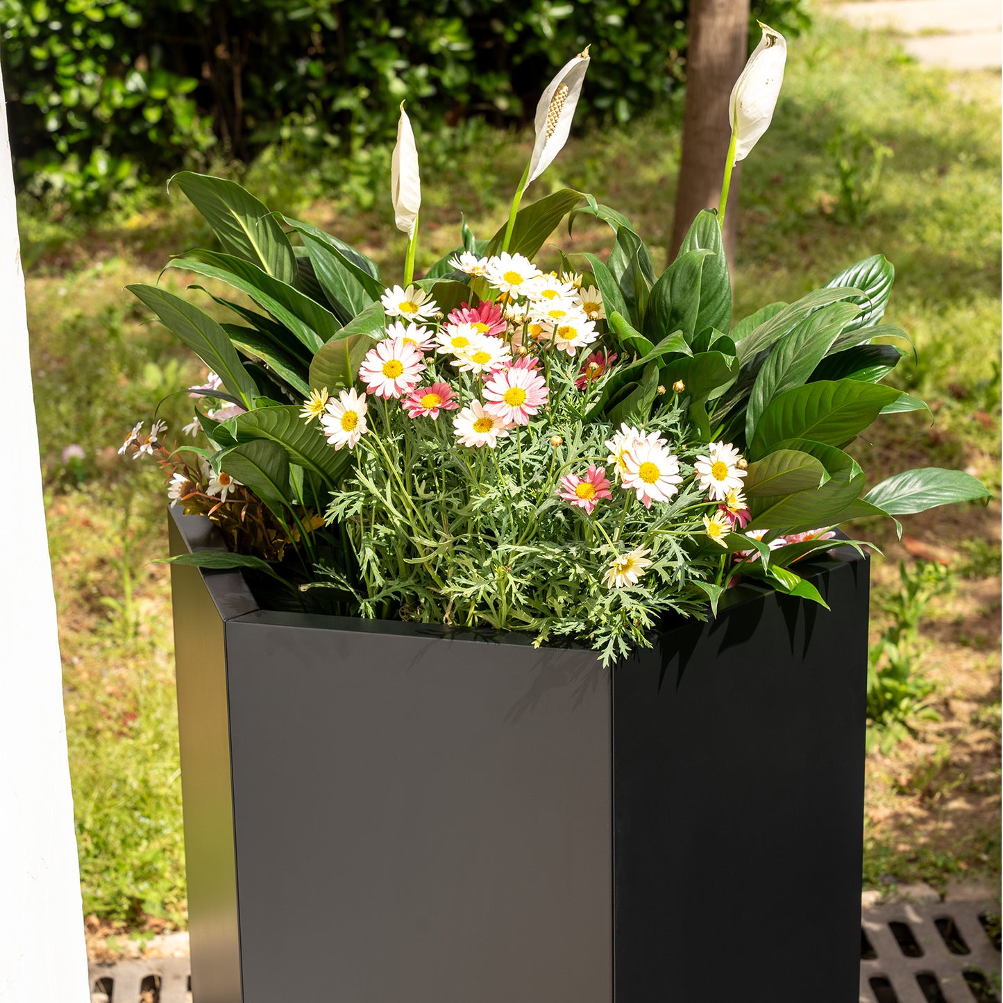 Tall Black Metal Hexagon Planter Box Outdoor, 33" H x 23.6" W x 20.5" D