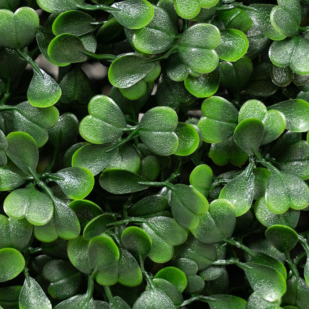 Close-up of faux boxwood foliage on Artigwall artificial boxwood hedge wall