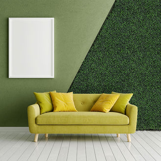 Artigwall artificial boxwood roll panel in living room with yellow couch
