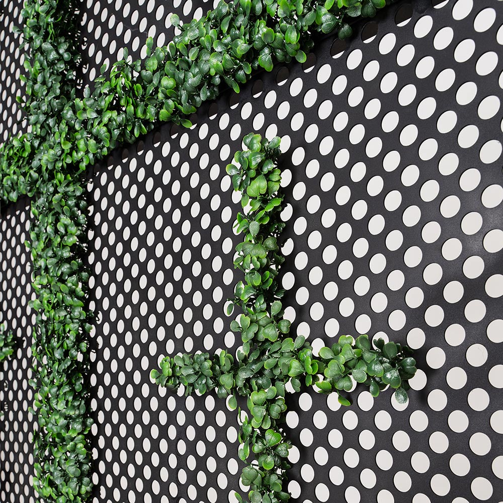 metal privacy screen outdoor with boxwood cross pattern