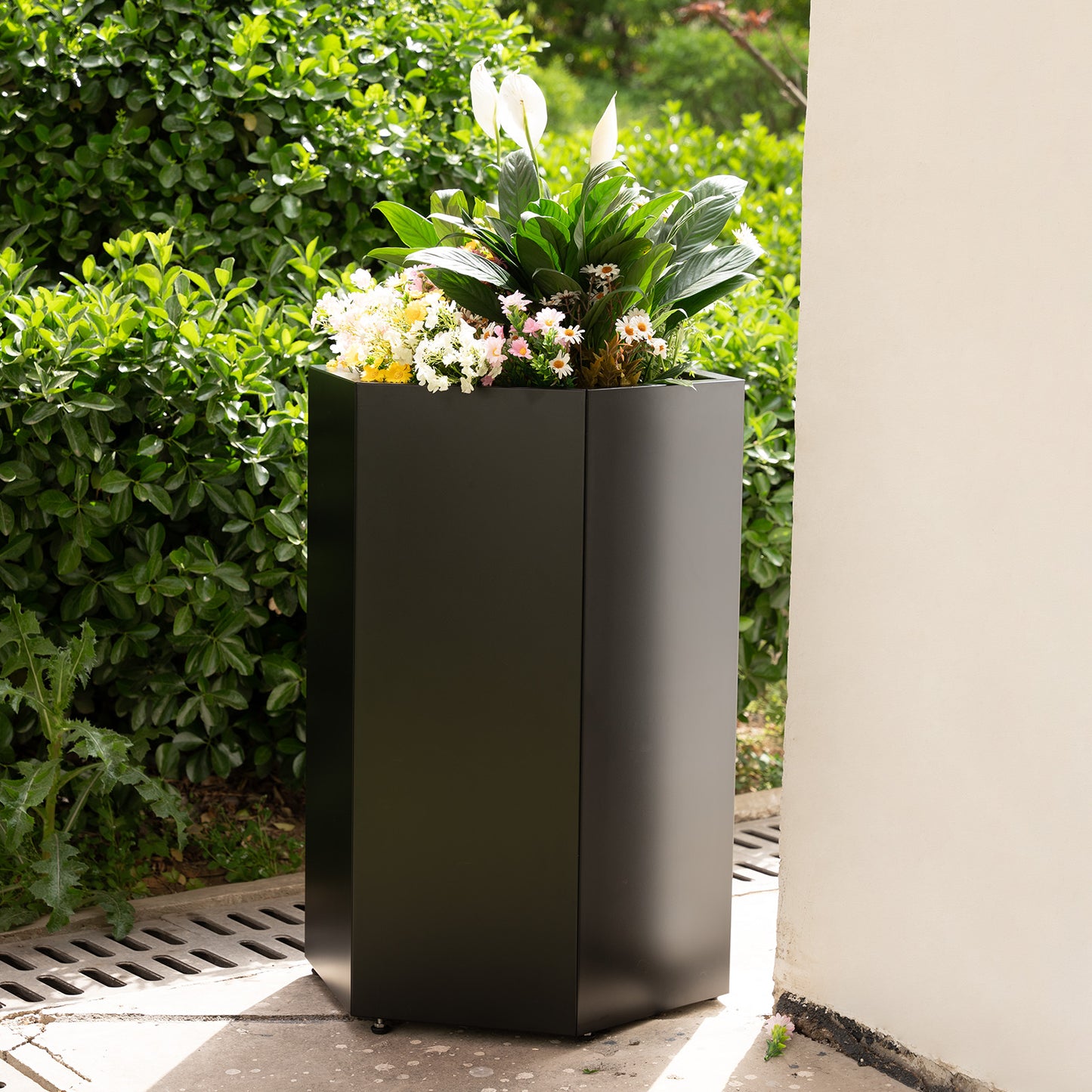 Tall Black Metal Hexagon Planter Box Outdoor, 33" H x 23.6" W x 20.5" D