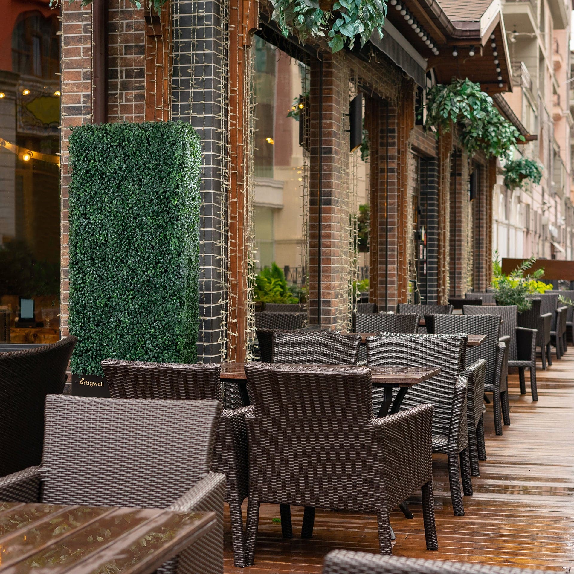 Artigwall boxwood topiary trees near restuarant table